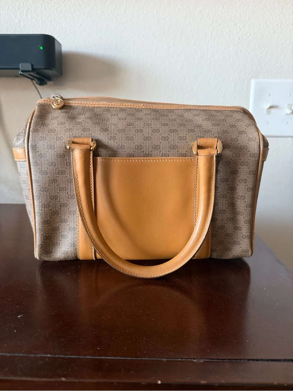 Vintage Gucci Micro GG Supreme Mini Boston Bag. Beige and gold PVC leather